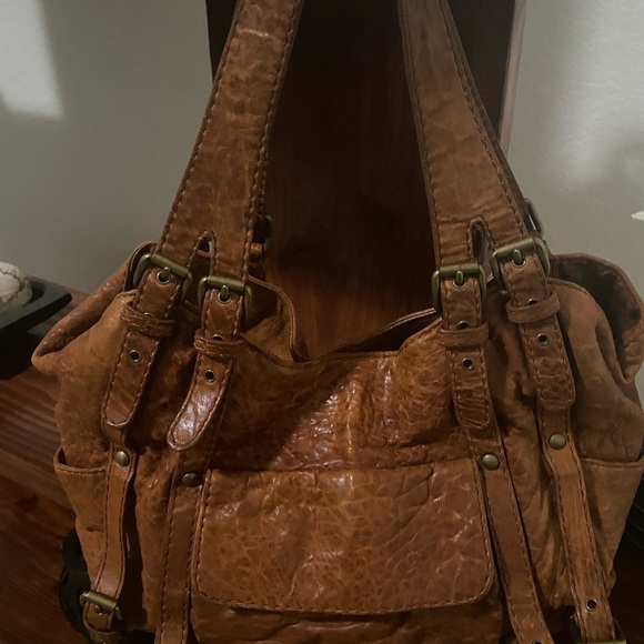 Kooba Cognac Pebble Leather Whipstitch Distressed Buckle Slouchy Large Hobo Bag - Picture 4 of 16